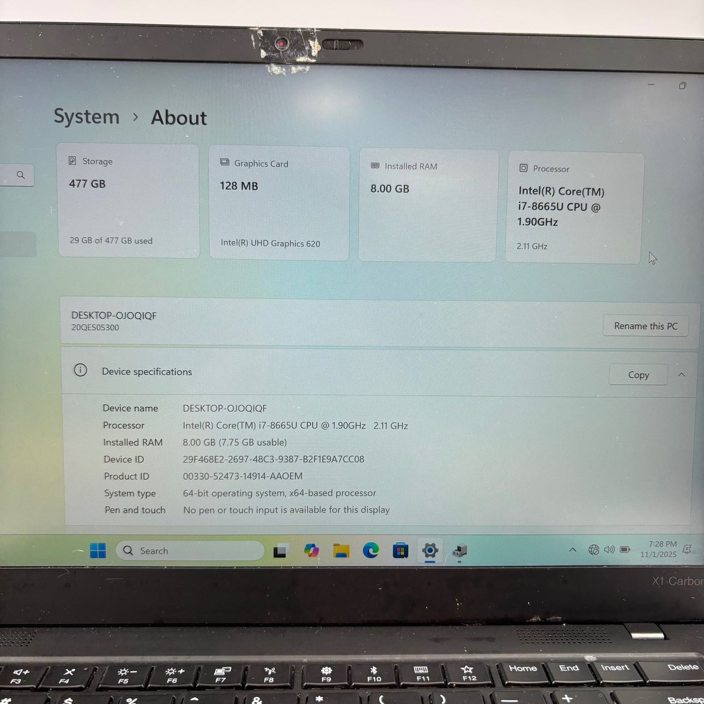 Lenovo X1 Carbon 7th Gen 14" i7-8565U 1.9GHz 8GB RAM 512GB SSD HDD